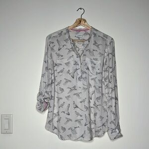 Orvis Bird Print Button Down Tab Sleeve Shirt Large